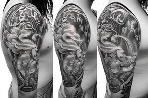 Shoulder sleeve, 3/4 length. Sun with rays beaming from it, hula girl with grass skirt, flowers and ocean waves tattoo idea