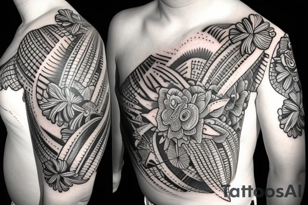 Shoulder sleeve, 3/4 length. Sun with rays beaming from it, hula girl with grass skirt, flowers and ocean waves tattoo idea