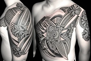 Shoulder sleeve, 3/4 length. Sun with rays beaming from it, hula girl with grass skirt, flowers and ocean waves tattoo idea