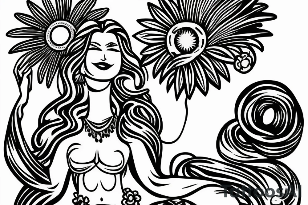 Shoulder sleeve, 3/4 length. Sun with rays beaming from it, hula girl with grass skirt, flowers and ocean waves. For a man tattoo idea