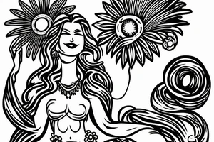 Shoulder sleeve, 3/4 length. Sun with rays beaming from it, hula girl with grass skirt, flowers and ocean waves. For a man tattoo idea
