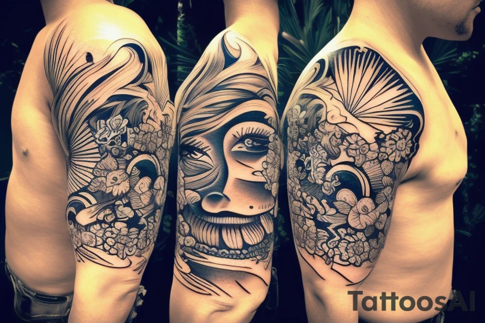 Shoulder sleeve, 3/4 length. Sun with rays beaming from it, hula girl with grass skirt, flowers and ocean waves. For a man tattoo idea