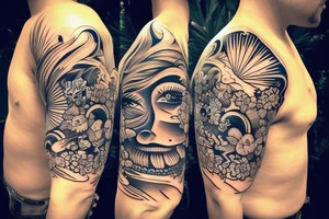 Shoulder sleeve, 3/4 length. Sun with rays beaming from it, hula girl with grass skirt, flowers and ocean waves. For a man tattoo idea