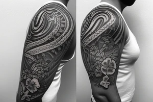 Shoulder sleeve, 3/4 length. Sun with rays beaming from it, hula girl with grass skirt, flowers and ocean waves. For a man tattoo idea