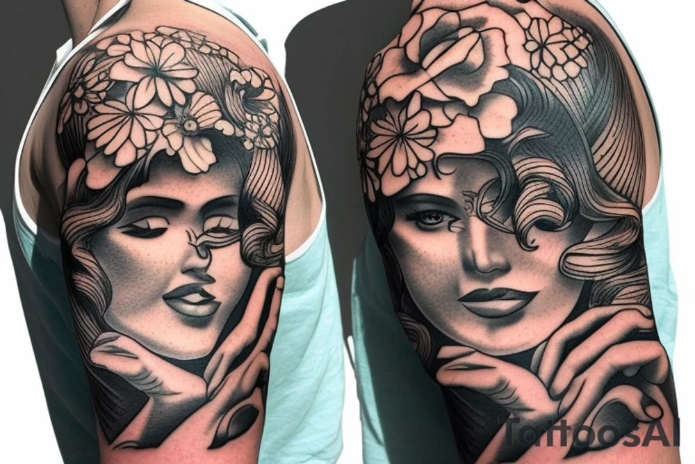 Shoulder sleeve, 3/4 length. Sun with rays beaming from it, hula girl with grass skirt, flowers and ocean waves. For a man tattoo idea