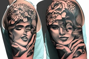 Shoulder sleeve, 3/4 length. Sun with rays beaming from it, hula girl with grass skirt, flowers and ocean waves. For a man tattoo idea