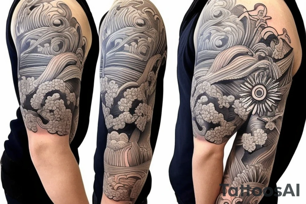 Shoulder sleeve, 3/4 length. Sun with rays beaming from it, hula girl with grass skirt, flowers and ocean waves. For a man tattoo idea