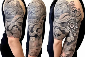 Shoulder sleeve, 3/4 length. Sun with rays beaming from it, hula girl with grass skirt, flowers and ocean waves. For a man tattoo idea