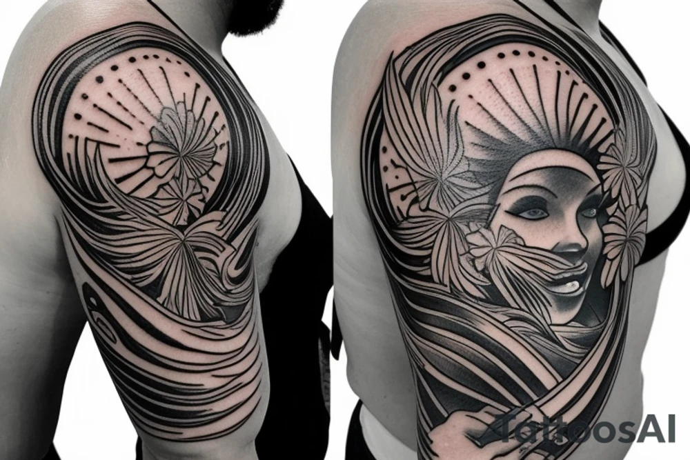 Shoulder sleeve, 3/4 length. Sun with rays beaming from it, hula girl with grass skirt, flowers and ocean waves. For a man tattoo idea