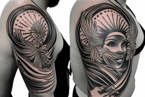 Shoulder sleeve, 3/4 length. Sun with rays beaming from it, hula girl with grass skirt, flowers and ocean waves. For a man tattoo idea