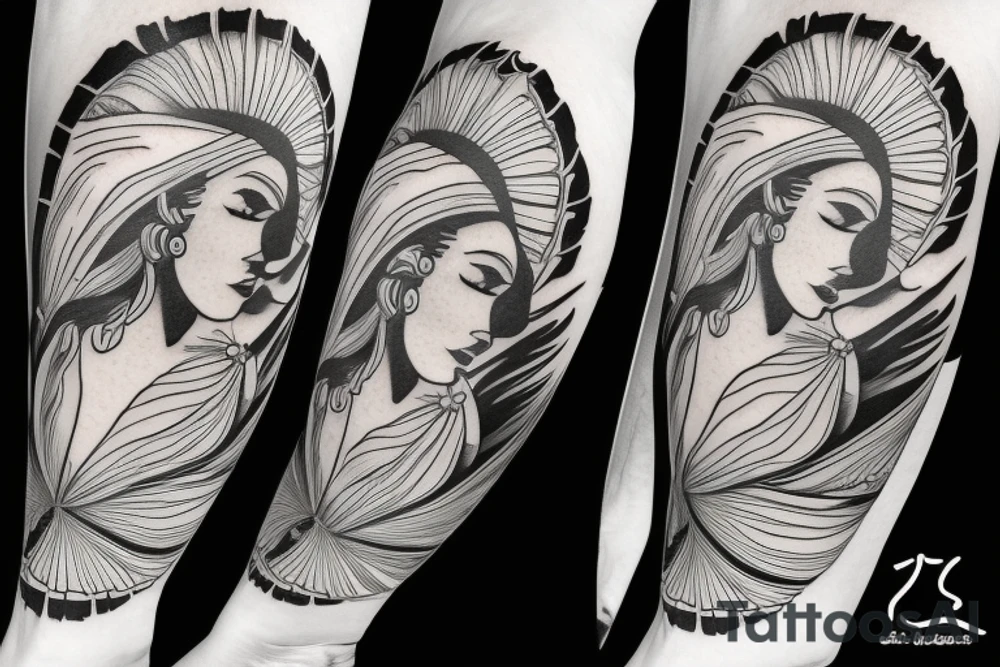 Shoulder sleeve, 3/4 length. Sun with rays beaming from it, hula girl with grass skirt, flowers and ocean waves. For a man tattoo idea