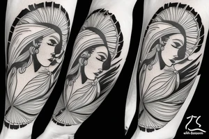 Shoulder sleeve, 3/4 length. Sun with rays beaming from it, hula girl with grass skirt, flowers and ocean waves. For a man tattoo idea