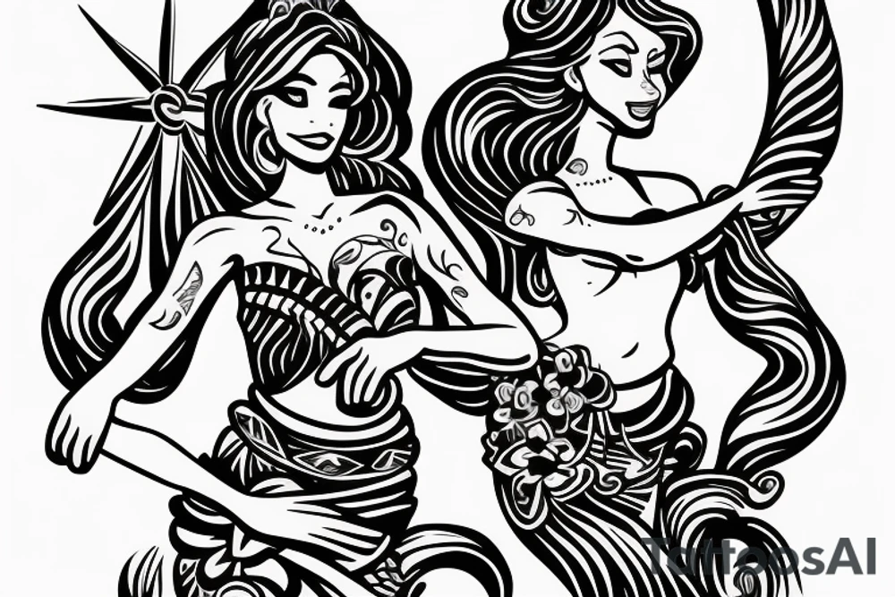 Shoulder sleeve, 3/4 length. Sun with rays beaming from it, hula girl with grass skirt, flowers and ocean waves. For a man tattoo idea