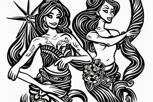Shoulder sleeve, 3/4 length. Sun with rays beaming from it, hula girl with grass skirt, flowers and ocean waves. For a man tattoo idea