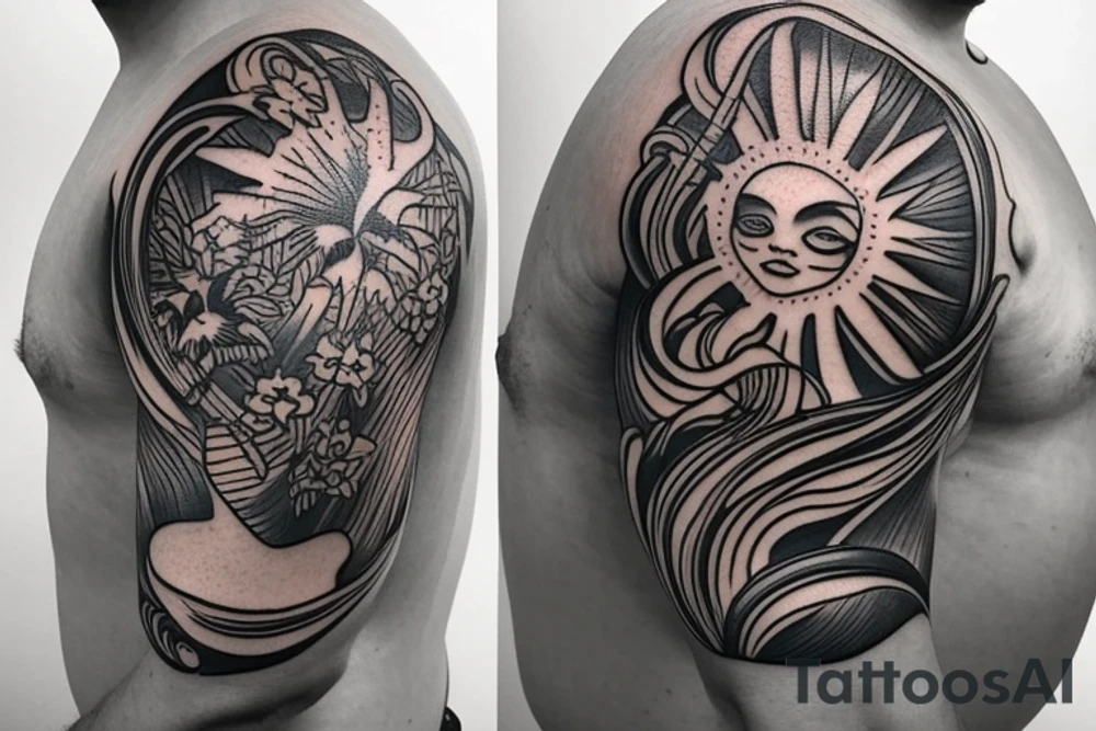 Shoulder sleeve, 3/4 length. Sun with rays beaming from it, hula girl with grass skirt, flowers and ocean waves. For a man tattoo idea