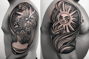 Shoulder sleeve, 3/4 length. Sun with rays beaming from it, hula girl with grass skirt, flowers and ocean waves. For a man tattoo idea