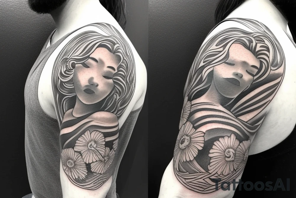 Shoulder sleeve, 3/4 length. Sun with rays beaming from it, hula girl with grass skirt, flowers and ocean waves. For a man tattoo idea