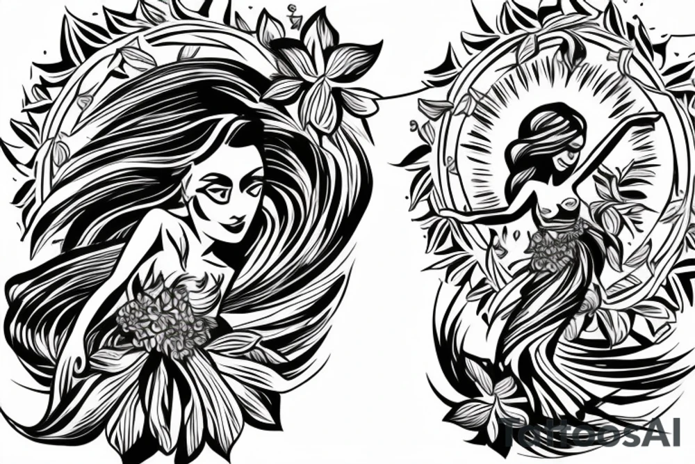 Shoulder sleeve, 3/4 length. Sun with rays beaming from it, hula girl with grass skirt, flowers and ocean waves. For a man tattoo idea