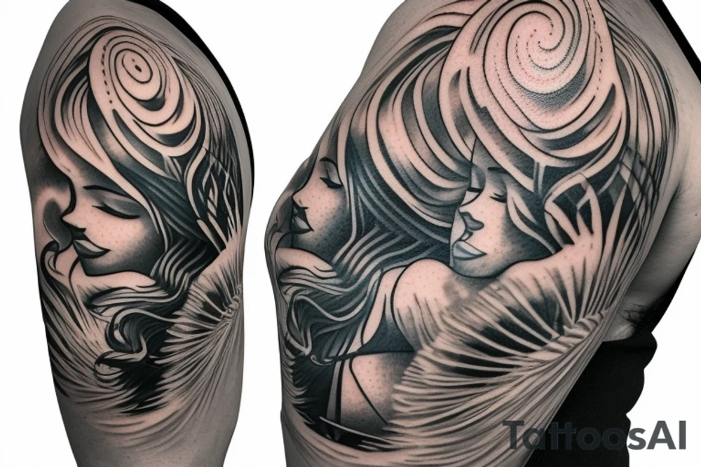 Shoulder sleeve, 3/4 length. Sun with rays beaming from it, hula girl with grass skirt, flowers and ocean waves. For a man tattoo idea