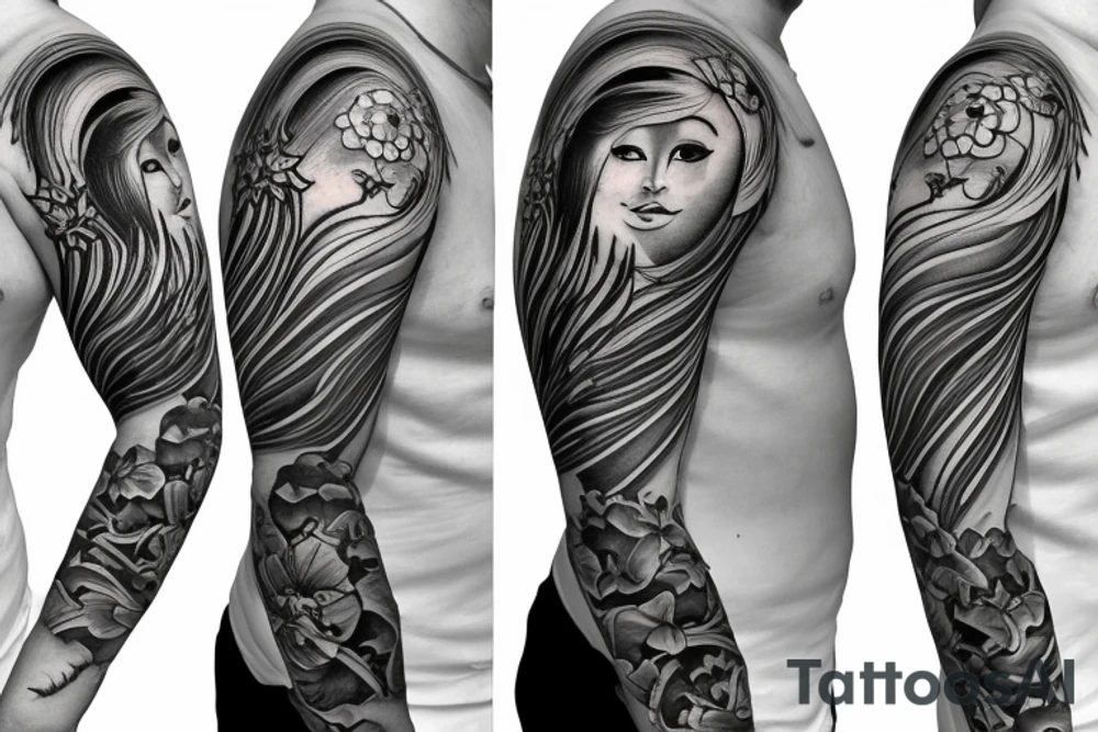 Shoulder sleeve, 3/4 length. Sun with rays beaming from it, hula girl with grass skirt, flowers and ocean waves. For a man tattoo idea