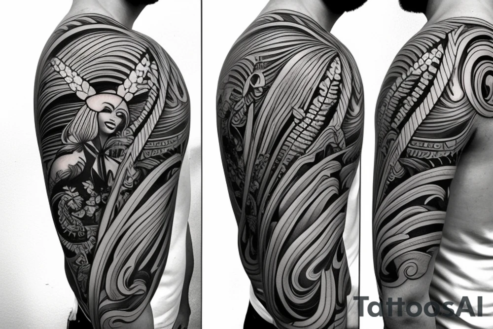 Shoulder sleeve, 3/4 length. Sun with rays beaming from it, hula girl with grass skirt, flowers and ocean waves. For a man tattoo idea