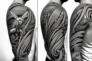 Shoulder sleeve, 3/4 length. Sun with rays beaming from it, hula girl with grass skirt, flowers and ocean waves. For a man tattoo idea
