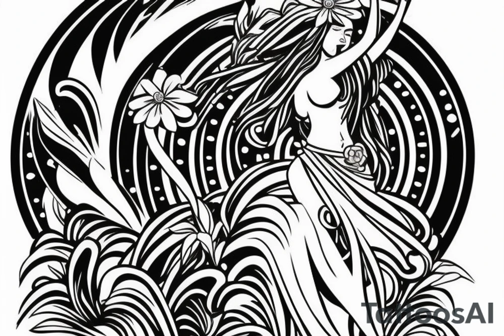 Shoulder sleeve, 3/4 length. Sun with rays beaming from it, hula girl with grass skirt, flowers and ocean waves. For a man tattoo idea
