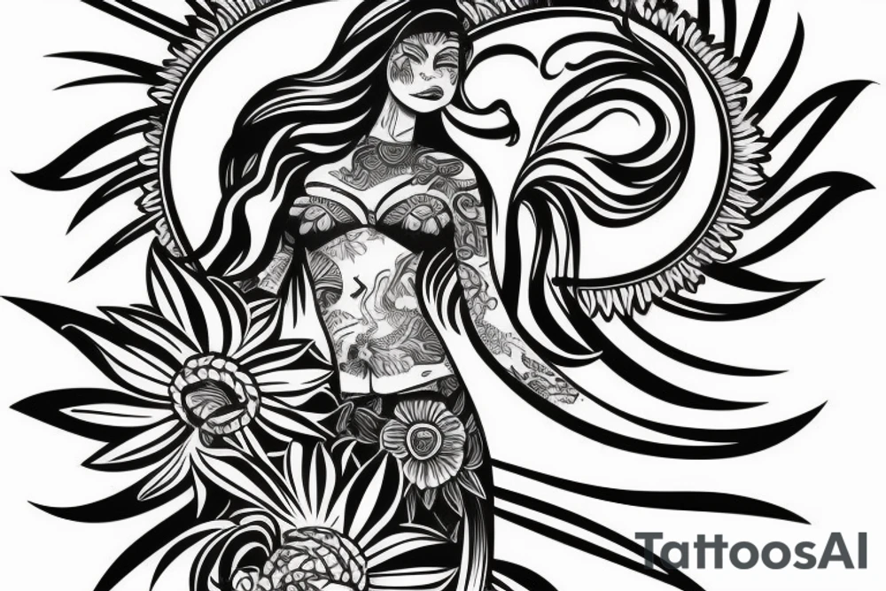 Shoulder sleeve, 3/4 length. Sun with rays beaming from it, hula girl with grass skirt, flowers and ocean waves. For a man tattoo idea