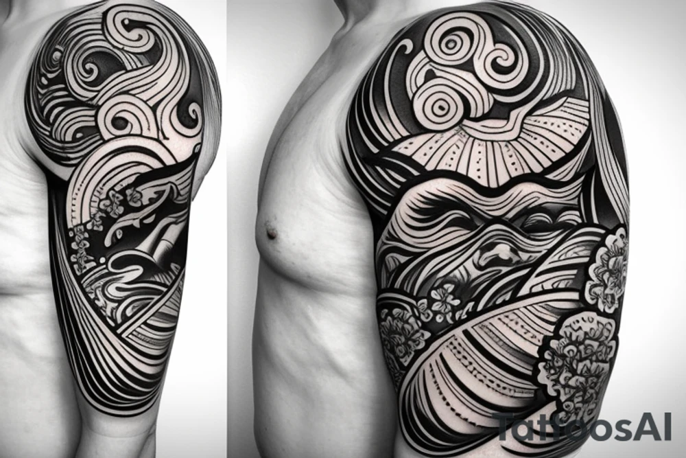 Shoulder sleeve, 3/4 length. Sun with rays beaming from it, hula girl with grass skirt, flowers and ocean waves. For a man tattoo idea