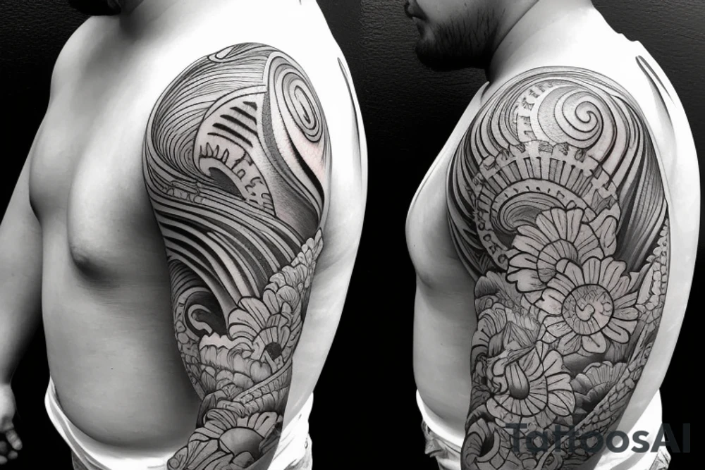 Shoulder sleeve, 3/4 length. Sun with rays beaming from it, hula girl with grass skirt, flowers and ocean waves. For a man tattoo idea