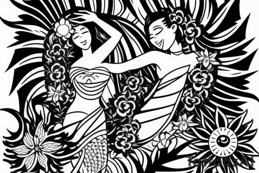 Shoulder sleeve, 3/4 length. Sun with rays beaming from it, hula girl with grass skirt, flowers and ocean waves. For a man tattoo idea