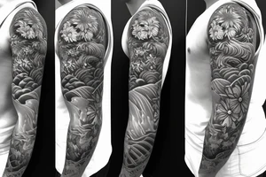 Shoulder sleeve, 3/4 length. Sun with rays beaming from it, hula girl with grass skirt, flowers and ocean waves. For a man tattoo idea