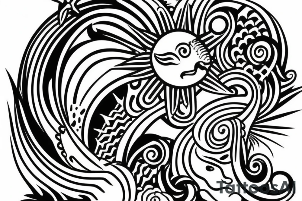 Shoulder sleeve, 3/4 length. Sun with rays beaming from it, coy fish, flowers and ocean waves. For a man tattoo idea