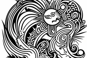 Shoulder sleeve, 3/4 length. Sun with rays beaming from it, coy fish, flowers and ocean waves. For a man tattoo idea