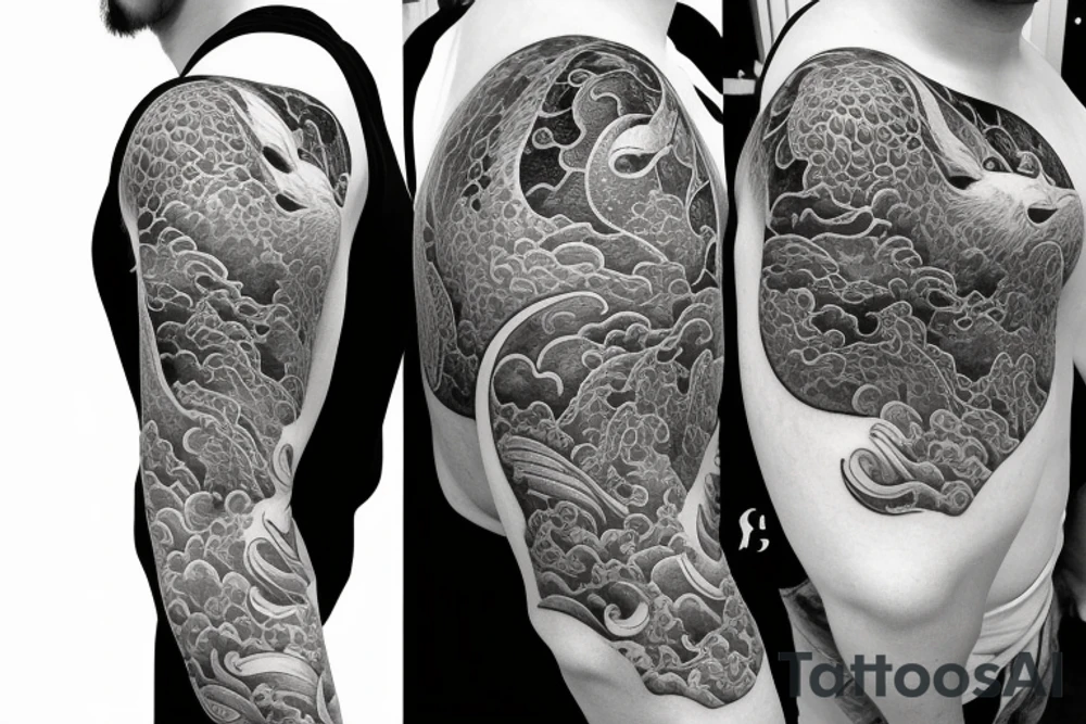 Shoulder sleeve, 3/4 length. Sun with rays beaming from it, coy fish, flowers and ocean waves. For a man tattoo idea