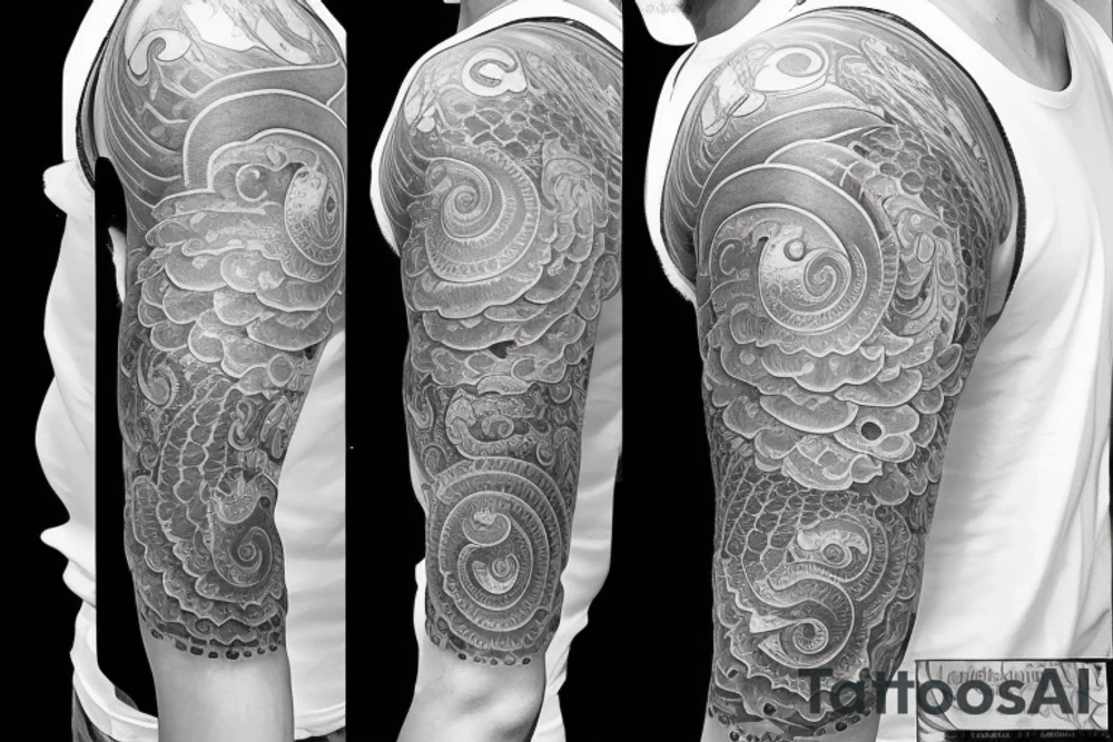 Shoulder sleeve, 3/4 length. Sun with rays beaming from it, coy fish, flowers and ocean waves. For a man tattoo idea