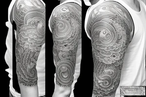 Shoulder sleeve, 3/4 length. Sun with rays beaming from it, coy fish, flowers and ocean waves. For a man tattoo idea