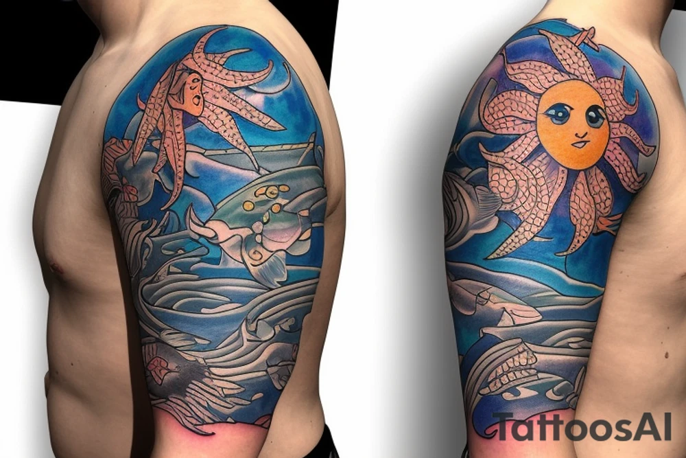 Shoulder sleeve, 3/4 length. Sun with rays beaming from it, coy fish, flowers and ocean waves. For a man tattoo idea