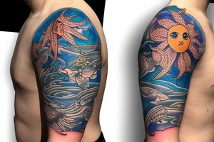 Shoulder sleeve, 3/4 length. Sun with rays beaming from it, coy fish, flowers and ocean waves. For a man tattoo idea
