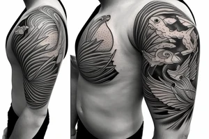 Shoulder sleeve, 3/4 length. Sun with rays beaming from it, coy fish, flowers and ocean waves. For a man tattoo idea
