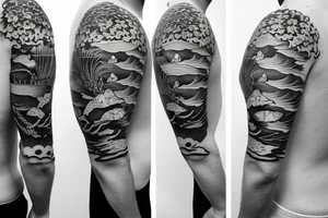 Shoulder sleeve, 3/4 length. Sun with rays beaming from it, coy fish, flowers and ocean waves. For a man tattoo idea