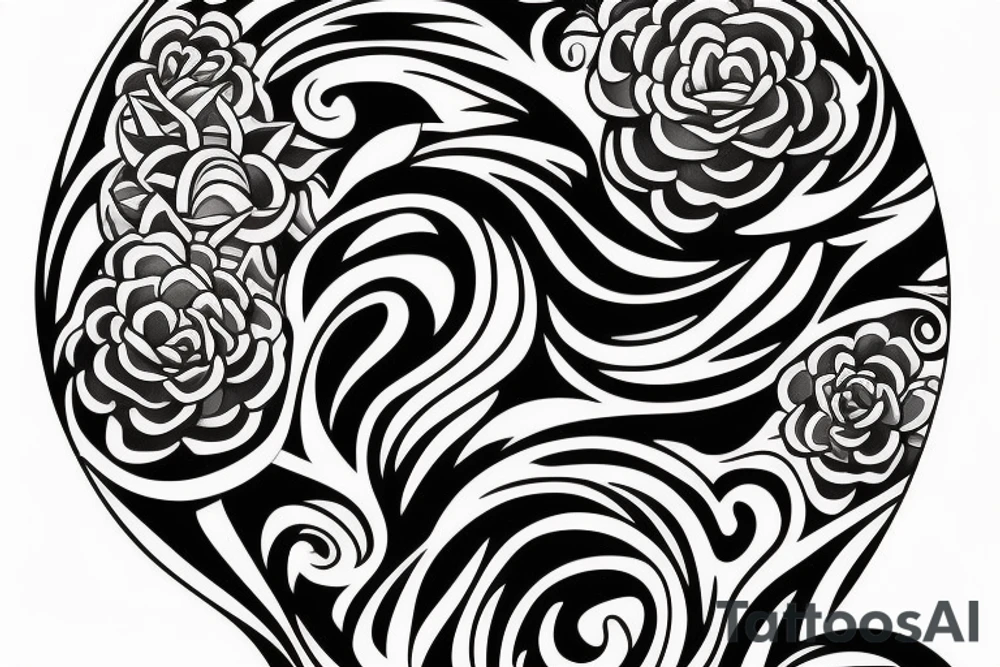 Shoulder sleeve for a guy. 3/4 length. Sun beams, waves, flowers, hula girl tattoo idea