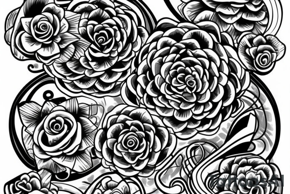 Shoulder sleeve for a guy. 3/4 length. Sun beams, waves, flowers, hula girl tattoo idea