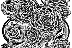 Shoulder sleeve for a guy. 3/4 length. Sun beams, waves, flowers, hula girl tattoo idea