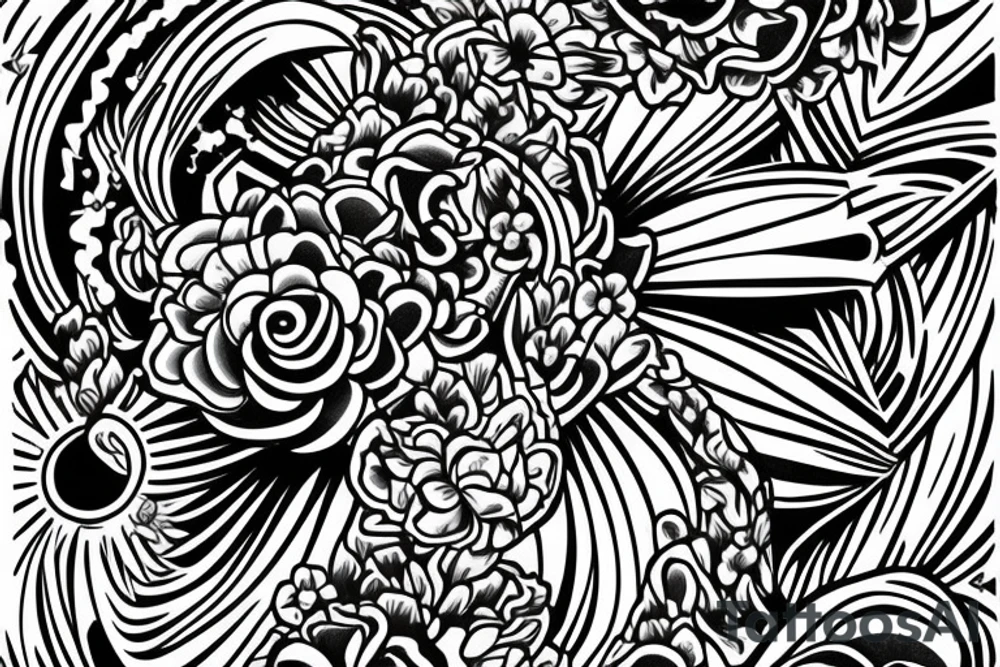 Shoulder sleeve for a guy. 3/4 length. Sun beams, waves, flowers, hula girl tattoo idea