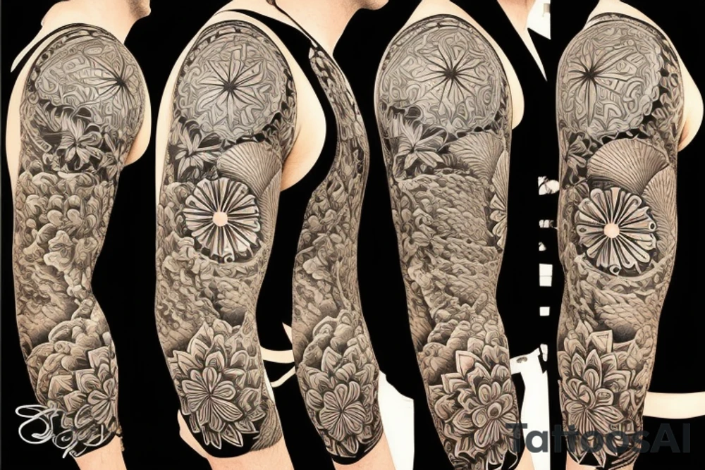 Shoulder sleeve for a guy. 3/4 length. Sun beams, waves, flowers, hula girl tattoo idea