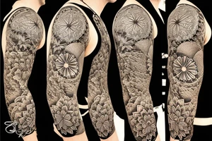 Shoulder sleeve for a guy. 3/4 length. Sun beams, waves, flowers, hula girl tattoo idea