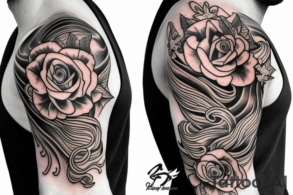 Shoulder sleeve for a guy. 3/4 length. Sun with light rays, waves, flowers, hula girl tattoo idea