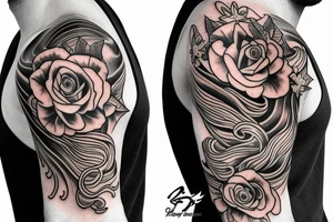 Shoulder sleeve for a guy. 3/4 length. Sun with light rays, waves, flowers, hula girl tattoo idea