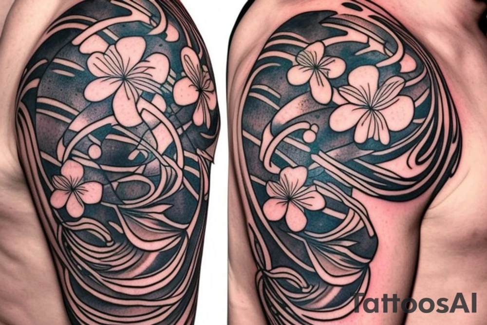 Shoulder sleeve for a guy. 3/4 length. Sun with light rays, waves, flowers, hula girl tattoo idea